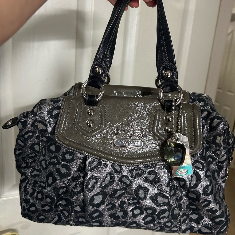 Coach Black and Gray Leopard Patent Trim Satchel with Charm